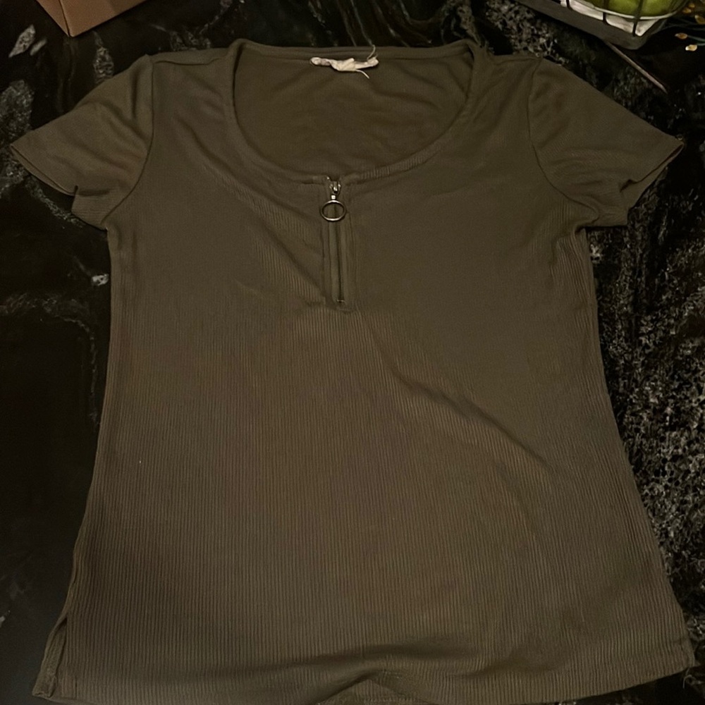 pink republic, size small, darkish green, lowish neck with zipper